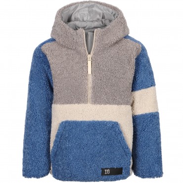 Patchwork Teddy Half-Zip Jacket in Blue, Grey and White