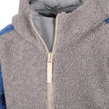 Patchwork Teddy Half-Zip Jacket in Blue, Grey and White