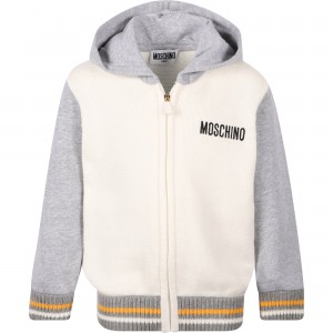 Teddy Logo Knit and Jersey Hooded Jacket in White and Grey