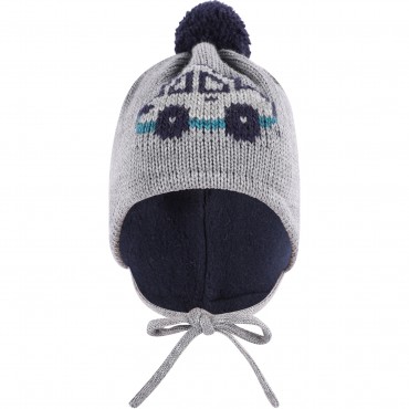 Car Print Woolen Pom Pom Cap in Grey