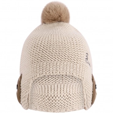 Mink Pom Pom Cashmere Winter Cap with Ear Flaps in Beige