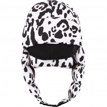 Leopard Print Padded Logo Ear Flaps Cap in White and Black