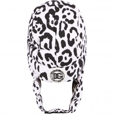 Leopard Print Padded Logo Ear Flaps Cap in White and Black