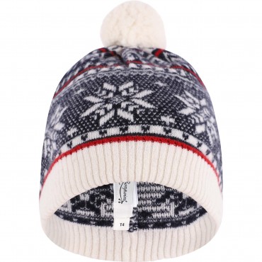 Cashmere Winter Beanie with Pom Pom in Navy and White