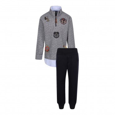 Logo Patches Half Zip Sweatshirt and Track Pants Set in Grey and Black