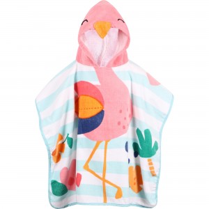 Flamingo Hooded Terry Towel in Blue and White